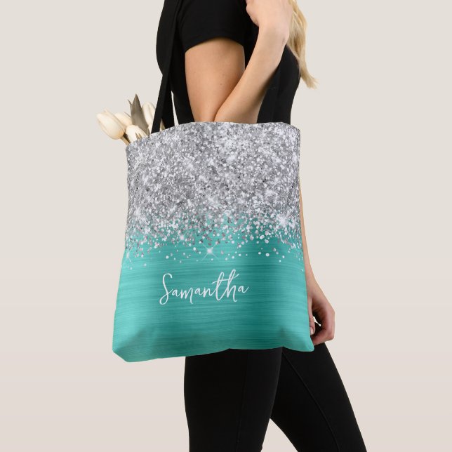 Silver Glitter Turqoise Glam Name Tote Bag (Close Up)