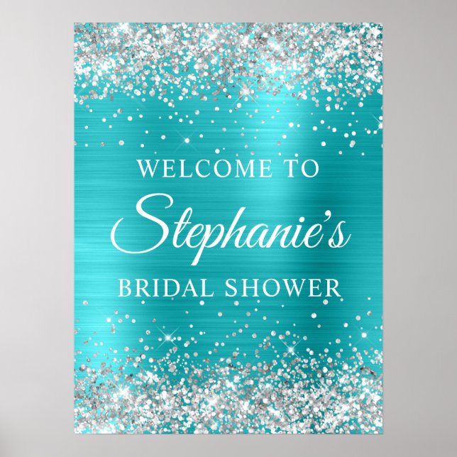 Silver Glitter Turqouise Blue Foil Bridal Shower Poster (Front)
