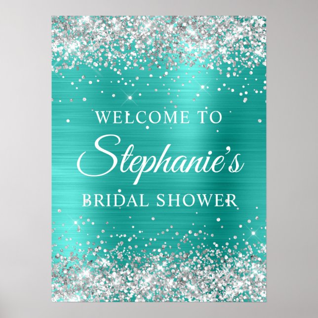 Silver Glitter Turqouise Foil Bridal Shower Poster (Front)
