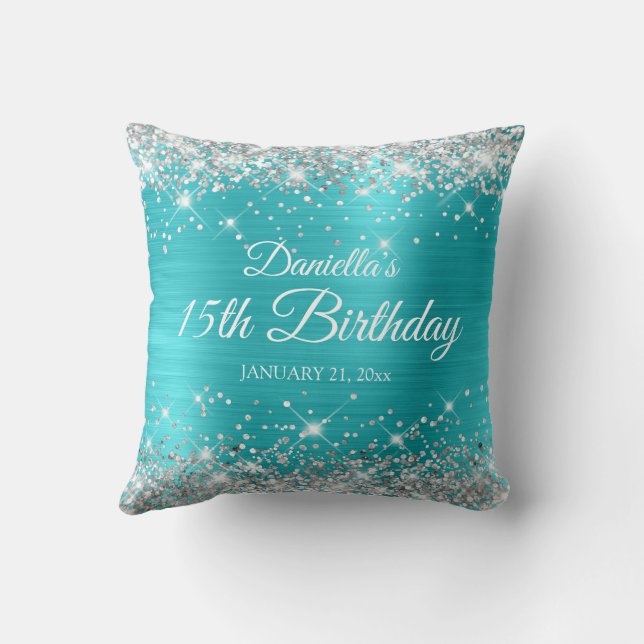 Silver Glitter Turquoise Blue 15th Birthday Throw Pillow (Back)