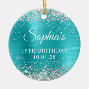 Silver Glitter Turquoise Blue 18th Birthday Photo Ceramic Ornament