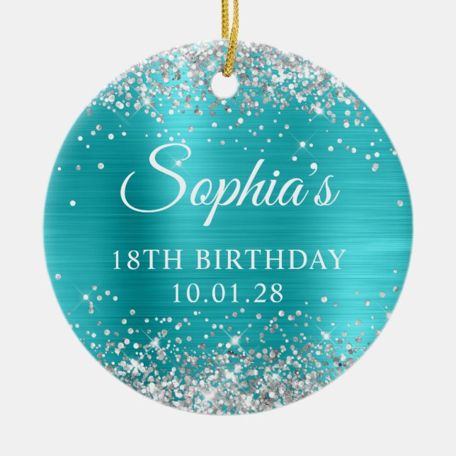 Silver Glitter Turquoise Blue 18th Birthday Photo Ceramic Ornament (Front)