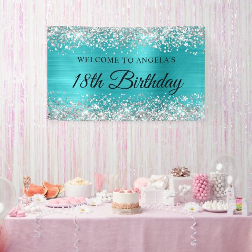 Silver Glitter Turquoise Blue Foil 18th Birthday Banner