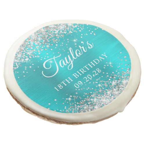 Silver Glitter Turquoise Blue Foil 18th Birthday Sugar Cookie