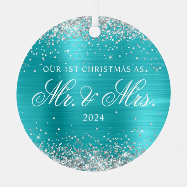 Silver Glitter Turquoise Blue Foil 1st Christmas Metal Ornament (Front)
