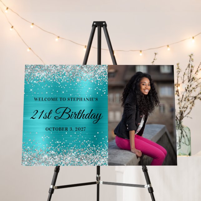 Silver Glitter Turquoise Blue Foil 21st Birthday Foam Board (In Situ (Stand))