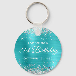 Silver Glitter Turquoise Blue Foil 21st Birthday Keychain
