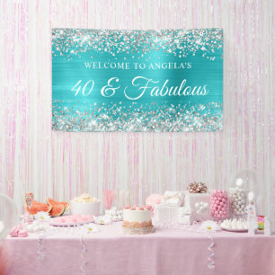 Silver Glitter Turquoise Blue Foil 40 & Fabulous Banner