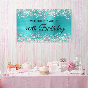 Silver Glitter Turquoise Blue Foil 40th Birthday Banner
