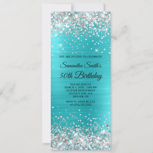 Silver Glitter Turquoise Blue Foil 50th Birthday Invitation