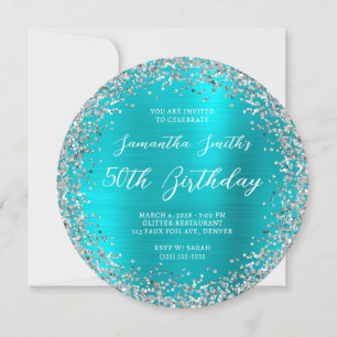 Silver Glitter Turquoise Blue Foil 50th Birthday Invitation