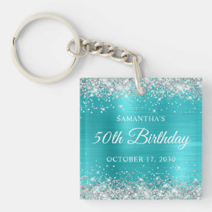 Silver Glitter Turquoise Blue Foil 50th Birthday Keychain