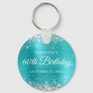 Silver Glitter Turquoise Blue Foil 60th Birthday Keychain