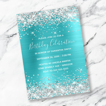 Silver Glitter Turquoise Blue Foil Birthday Invitation by annaleeblysse at Zazzle