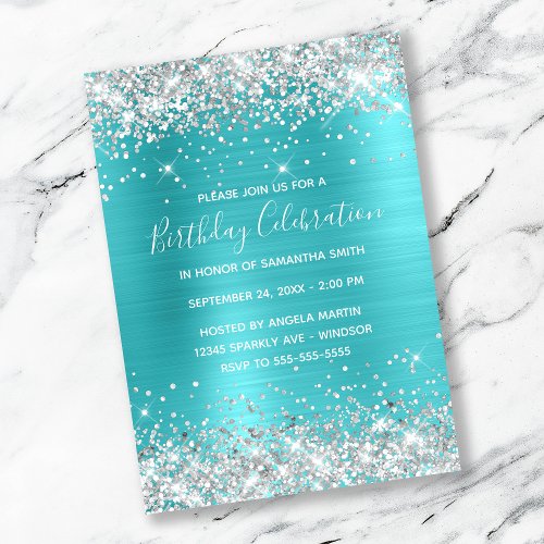 Silver Glitter Turquoise Blue Foil Birthday Invitation