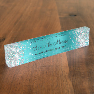 Silver Glitter Turquoise Blue Foil Desk Name Plate