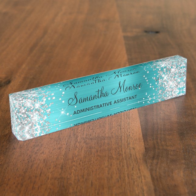 Silver Glitter Turquoise Blue Foil Desk Name Plate (Side)