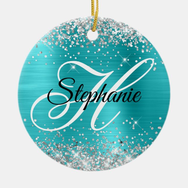 Silver Glitter Turquoise Blue Foil Fancy Monogram Ceramic Ornament (Front)