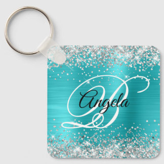 Silver Glitter Turquoise Blue Foil Fancy Monogram Keychain