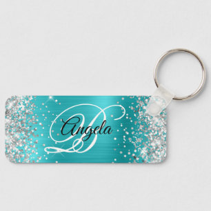 Silver Glitter Turquoise Blue Foil Fancy Monogram Keychain