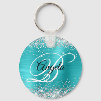 Silver Glitter Turquoise Blue Foil Fancy Monogram Keychain