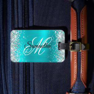 Silver Glitter Turquoise Blue Foil Fancy Monogram Luggage Tag