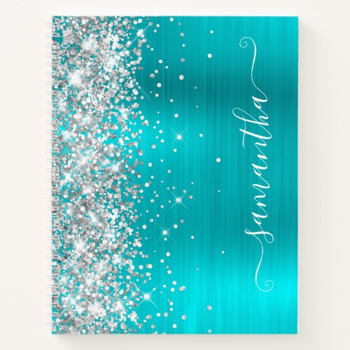 Silver Glitter Turquoise Blue Foil Girly Signature Notebook