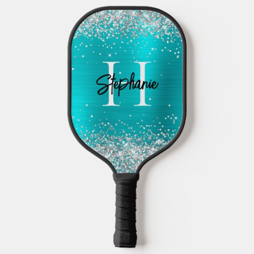 Silver Glitter Turquoise Blue Foil Monogrammed Pickleball Paddle