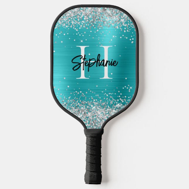 Silver Glitter Turquoise Blue Foil Monogrammed Pickleball Paddle (Back)