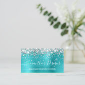 Silver Glitter Turquoise Blue Foil Online Store Business Card (Standing Front)