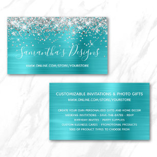 Silver Glitter Turquoise Blue Foil Online Store Business Card
