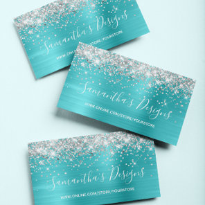 Silver Glitter Turquoise Blue Foil Online Store Business Card