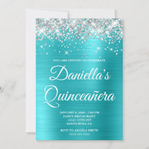 Silver Glitter Turquoise Blue Foil Quinceañera Invitation