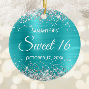 Silver Glitter Turquoise Blue Foil Sweet 16 Ceramic Ornament