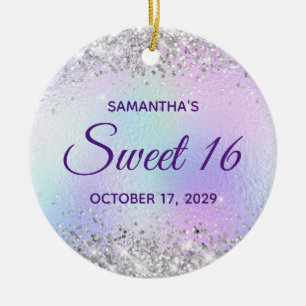Silver Glitter Turquoise Blue Foil Sweet 16 Ceramic Ornament