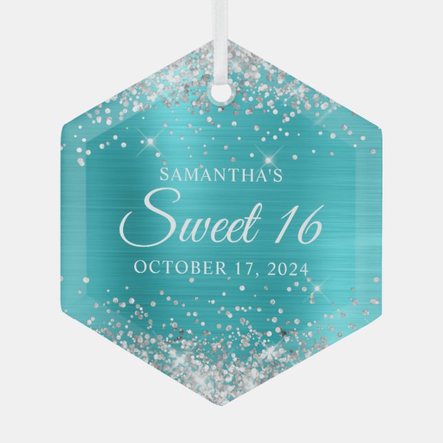 Silver Glitter Turquoise Blue Foil Sweet 16 Glass Ornament (Front)