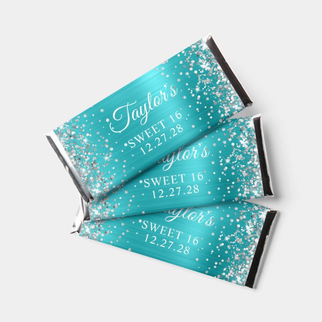 Silver Glitter Turquoise Blue Foil Sweet 16 Hershey Bar Favors (Front)
