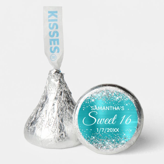 Silver Glitter Turquoise Blue Foil Sweet 16 Hershey®'s Kisses® (Front)