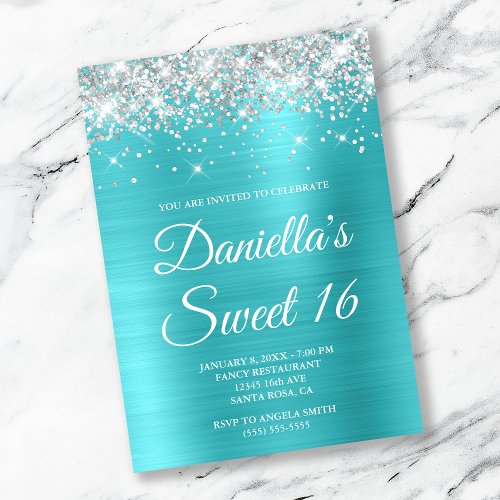 Silver Glitter Turquoise Blue Foil Sweet 16 Invitation