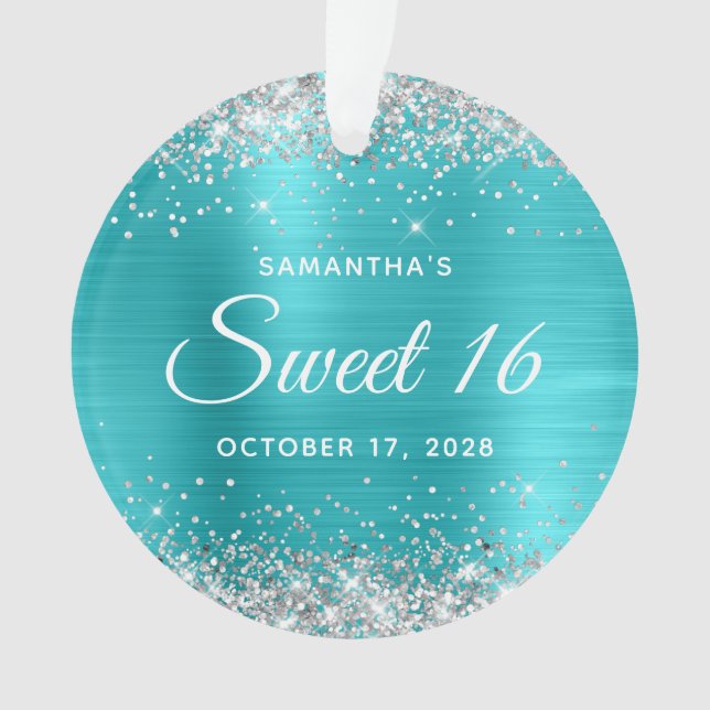 Silver Glitter Turquoise Blue Foil Sweet 16 Ornament (Front)