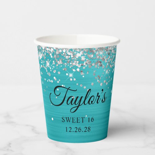 Silver Glitter Turquoise Blue Foil Sweet 16 Paper Cups