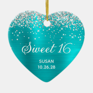 Silver Glitter Turquoise Blue Foil Sweet 16 Photo Ceramic Ornament