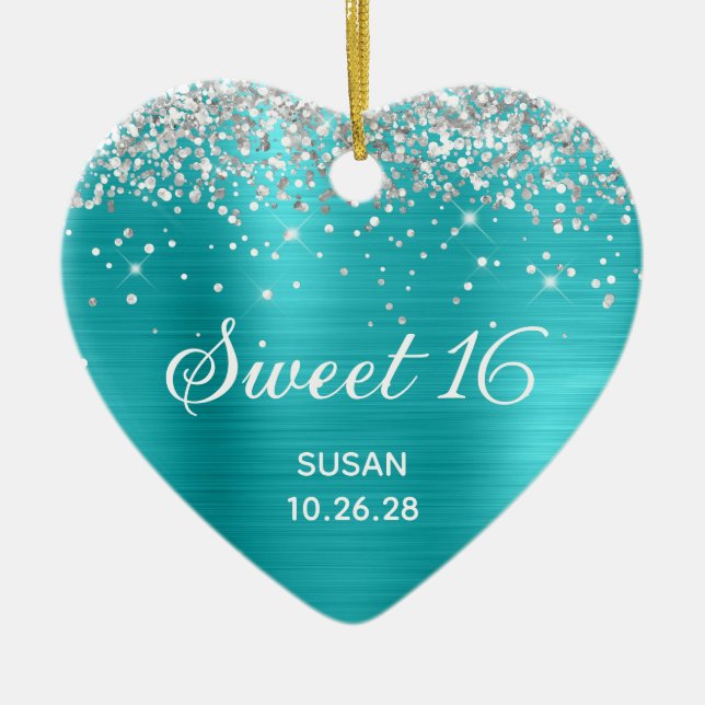 Silver Glitter Turquoise Blue Foil Sweet 16 Photo Ceramic Ornament (Front)