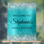 Silver Glitter Turquoise Blue Foil Sweet Sixteen Acrylic Sign<br><div class="desc">Create your own 16th birthday party welcome 18x24 vertical acrylic sign for your daughter. Replace the sample image with your own family photo. Customize the modern elegant calligraphy with a modern all caps style font to create your own personalized sign. The background features a faux sparkly silver glitter with an...</div>
