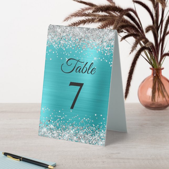 Silver Glitter Turquoise Blue Foil Table Number Tent (In SItu (Table))