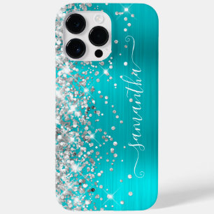 Silver Glitter Turquoise Blue Girly Signature Case-Mate iPhone 14 Pro Max Case