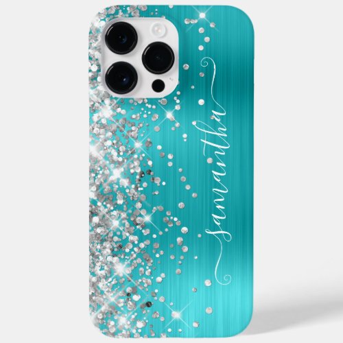 Silver Glitter Turquoise Blue Girly Signature Case_Mate iPhone 14 Pro Max Case