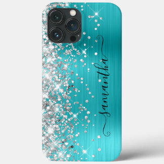Silver Glitter Turquoise Blue Girly Signature iPhone 13 Pro Max Case