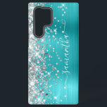 Silver Glitter Turquoise Blue Girly Signature Samsung Galaxy S22 Ultra Case<br><div class="desc">Girly faux sparkly silvery glitter highlights on the left edge, over a faux bright jewel tone aqua and turquoise blue ombre brushed metal foil. The modern girly signature features an elegant white calligraphy font with decorative tails in a vertical format. Customize the font styles or move the sparkle graphics to...</div>