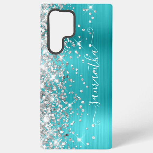 Silver Glitter Turquoise Blue Girly Signature Samsung Galaxy S22 Ultra Case